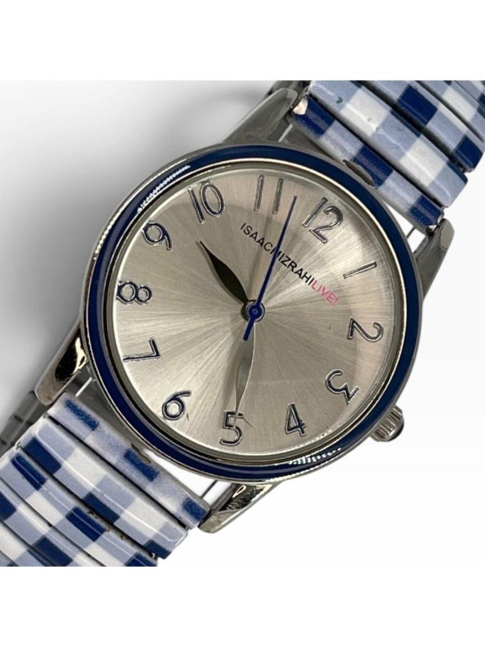ISAAC MIZRAHI Silver Stainless Steel Blue + White Plaid Stretch Band Watch NWB